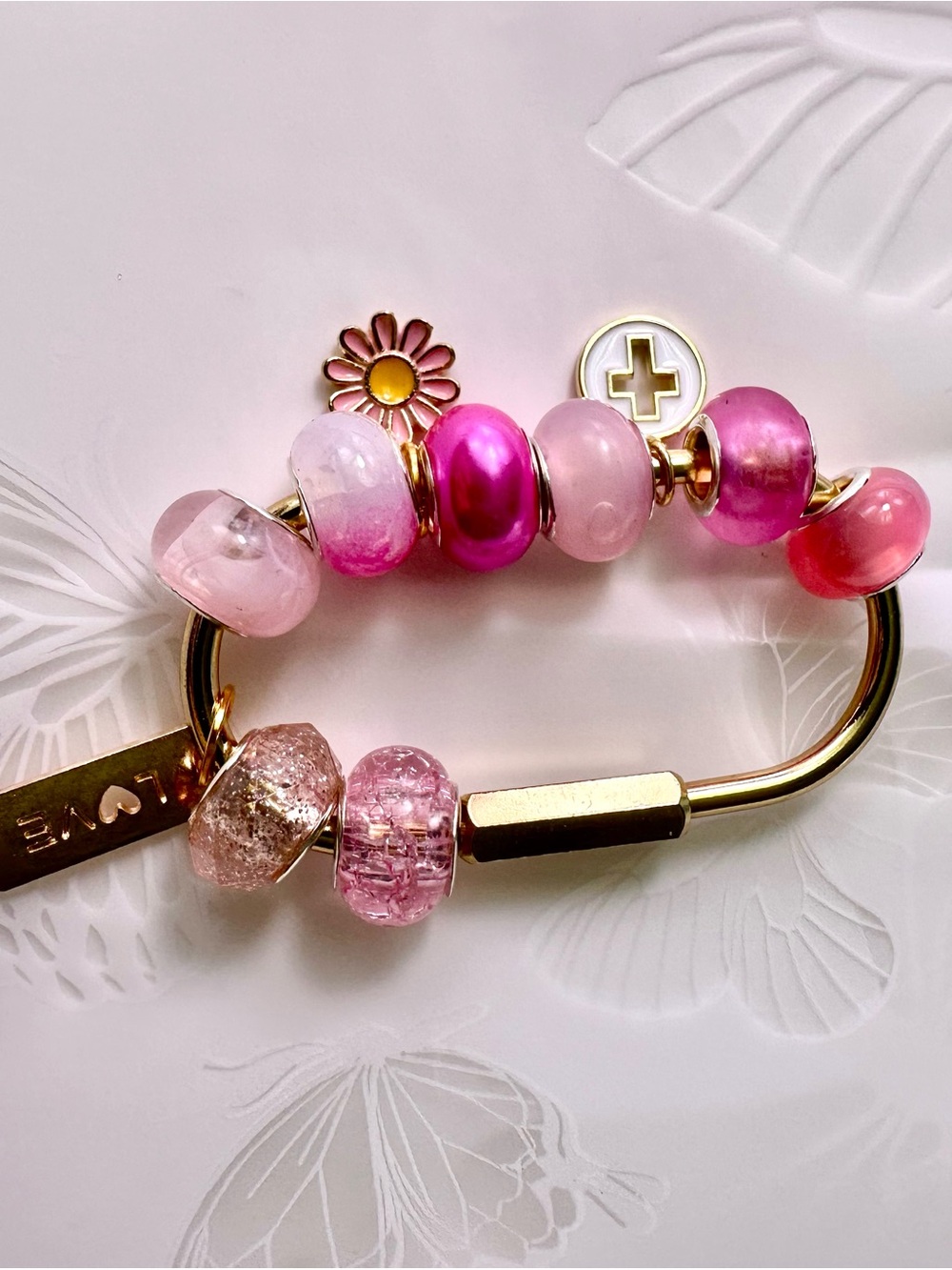 Pink Gold Tone Carabiner Purse Charm Keychain Beaded Bag Charm
